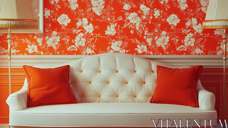 Cream sofa in floral tangerine parlor, quietly dramatic.