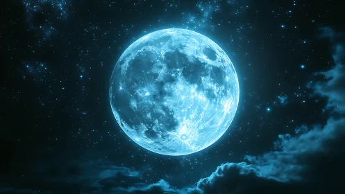 Luminous full moon glows in a crystal-clear cosmic night.
