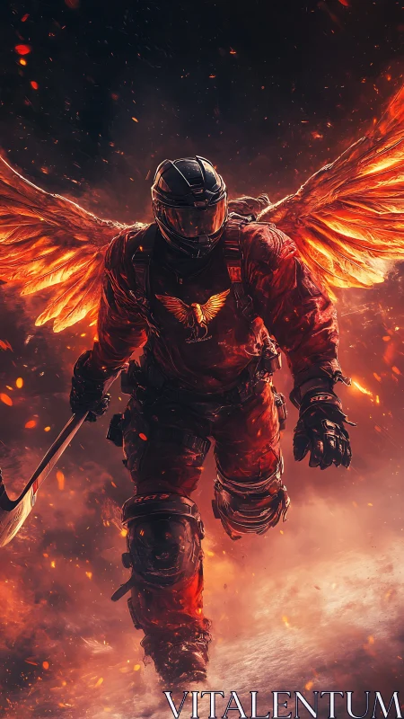 Armored winged soldier in fiery environment with weapon.