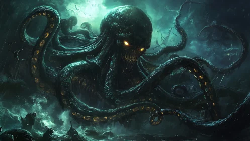 Gigantic sea monster with glowing eyes attacks stormy ships