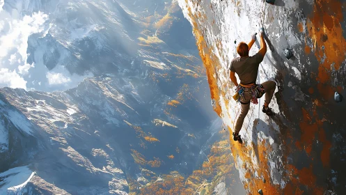 Climber embracing a sunlit cliff high above vast valleys.