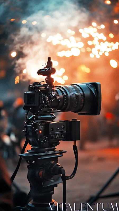 Cinema camera on fluid head tripod captures pyrotechnic bokeh