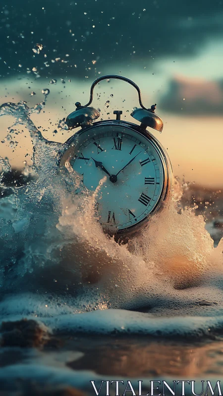 Analog alarm clock submerged in dynamic ocean surf at sunset