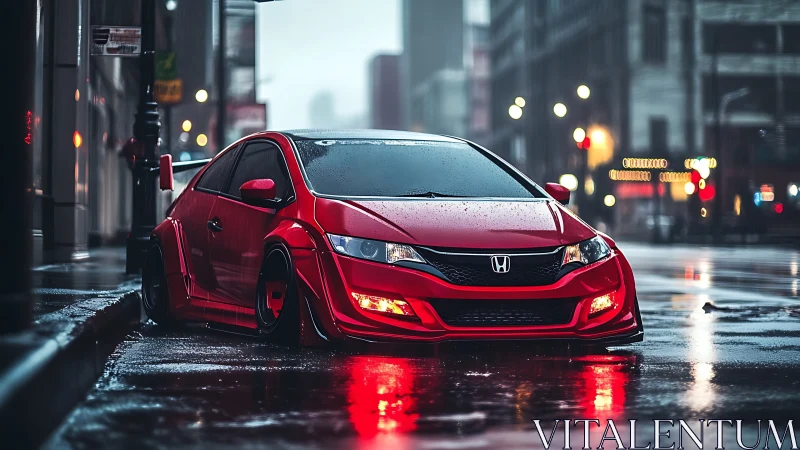 Lowered red Honda in rainy neon-lit downtown street scene.