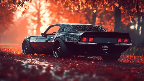 Muscle car poised in cinematic autumn forest glow.