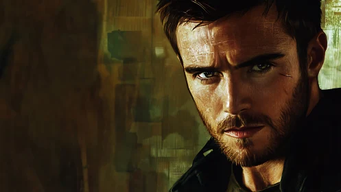 Intense bearded man portrait in gritty digital style.