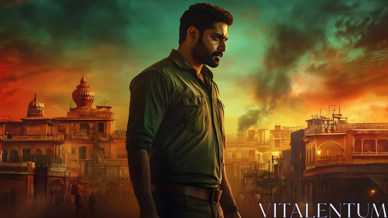 Brooding man walks through burning Indian city at dusk