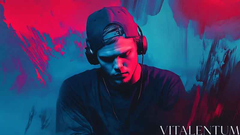 Young man listening to music in bold neon lighting.