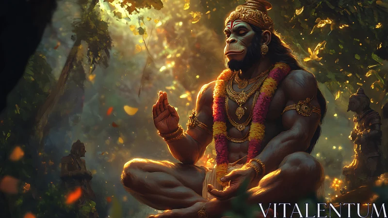 Divine simian deity meditates in volumetric forest light field