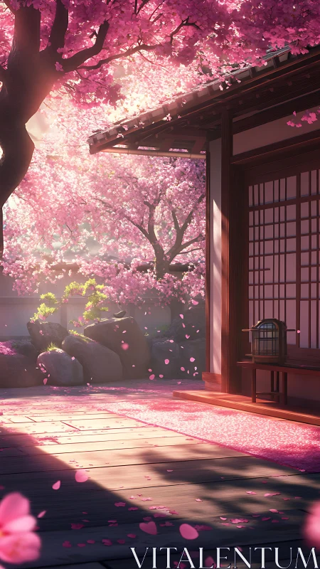 Sunlit Japanese veranda framed by drifting cherry blossoms.