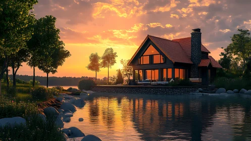Lakeside timber cottage at sunset with high-gloss reflections.