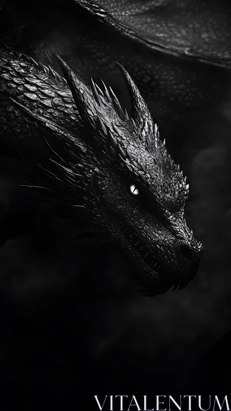 Obsidian dragon head emerges from shadowed storm clouds.