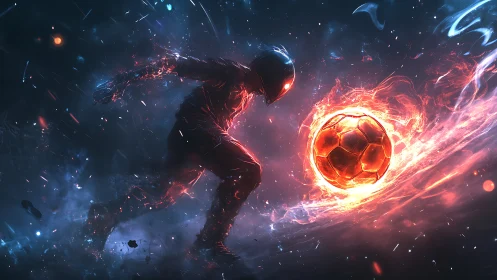 Futuristic figure interacts with energized soccer ball in void
