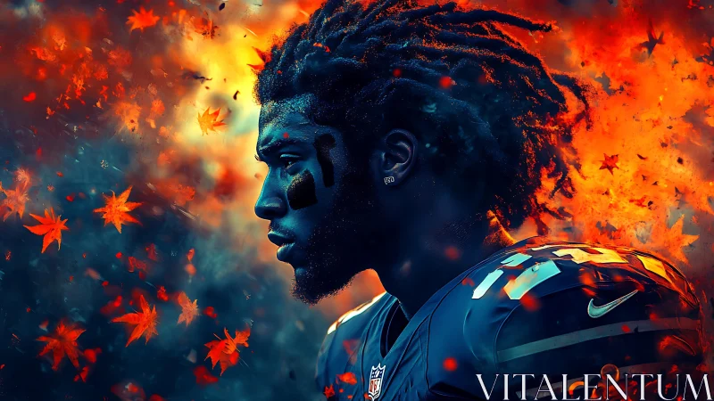 Football warrior portrait amid blazing autumn embers.