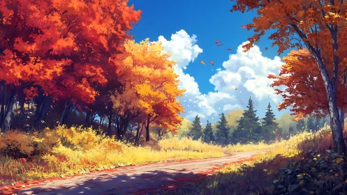 Digital Landscape Rendering: Autumn Forest Road with Chromatic Foliage Gradation