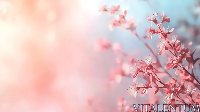 Pink flowering branches illuminated against soft bokeh sky