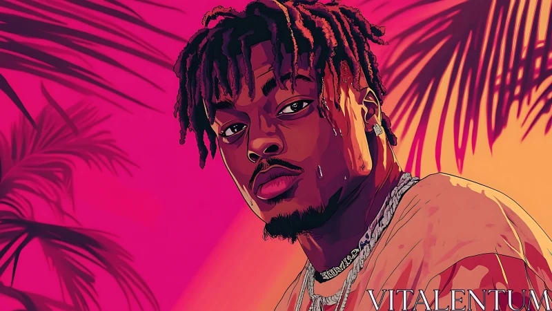 Neon sunset portrait captures confident man in tropical heat