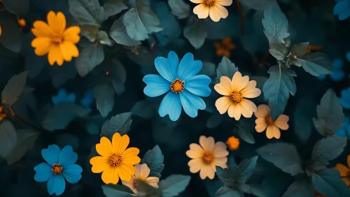 Blue and Golden Cosmos Blooms in Twilight Garden