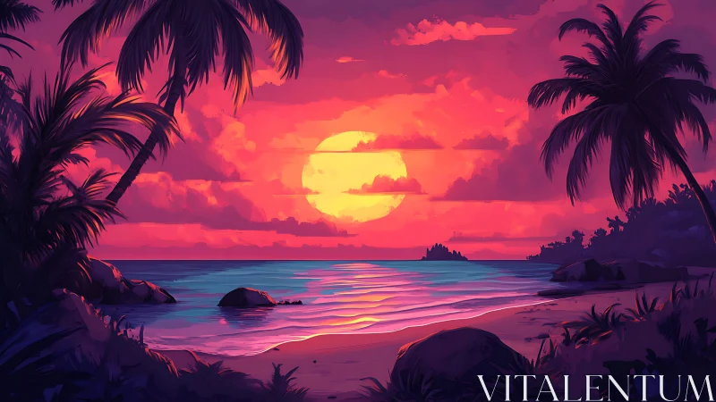 Neon tropical sunset glows over tranquil palm-framed shore.