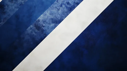 Diagonal blue textures with bold white stripe contrast.
