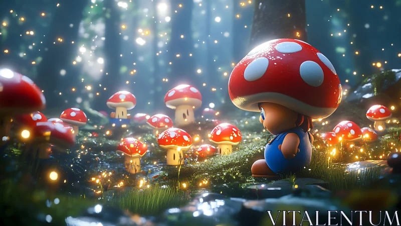 Mushroom-headed character sits among glowing forest fungi