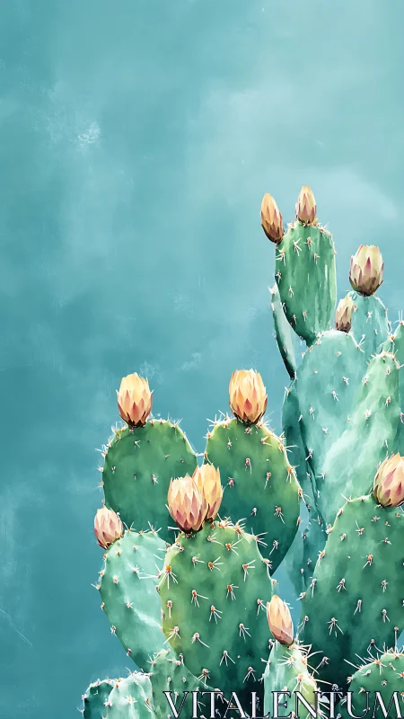 Vertical digital study of prickly pear cactus pads with buds