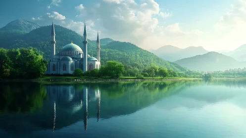 Lakeside mosque under green mountains, reflected in water.