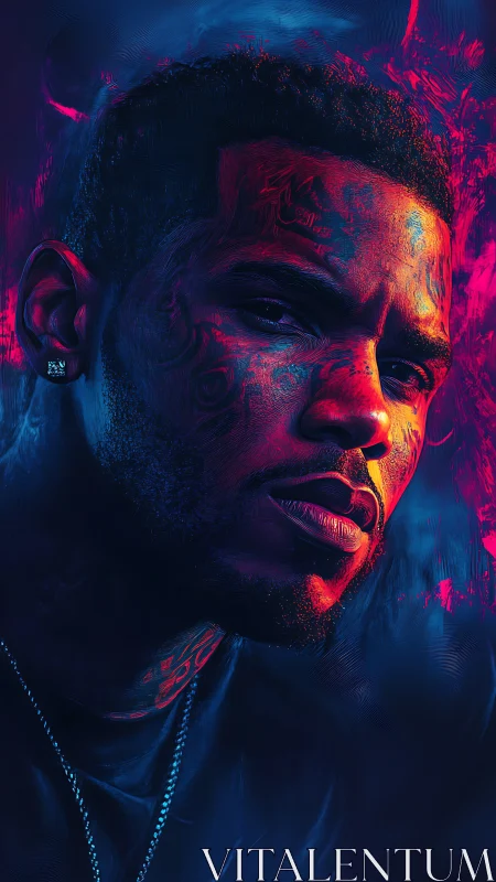 Neon ember gaze ignites a tattooed portrait in electric dusk.