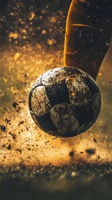 Soccer ball impact in backlit dirt spray, shallow depth field