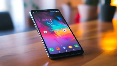 Smartphone displaying vibrant gradient wallpaper on table.