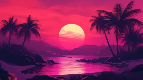 Neon magenta sunset over stylized tropical bay with silhouetted palms