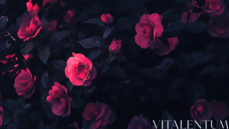 Crimson roses illuminated against deep darkness