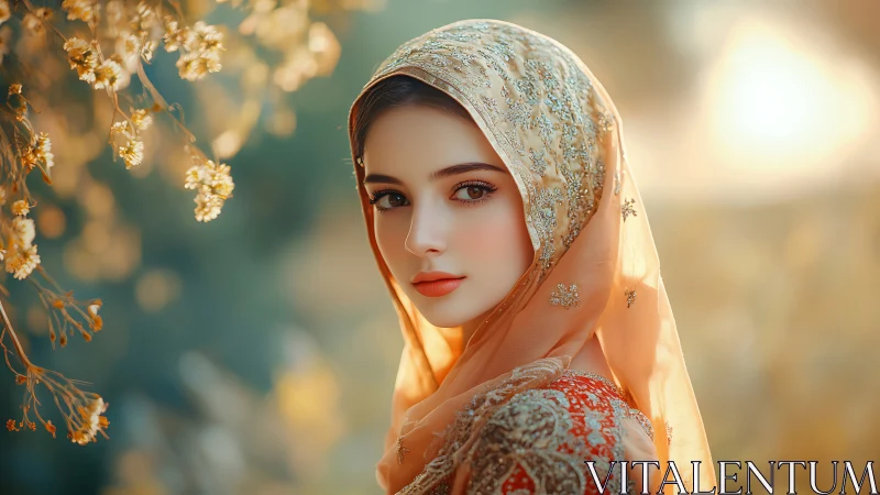 Radiant veil portrait under diffuse golden hour bokeh field.