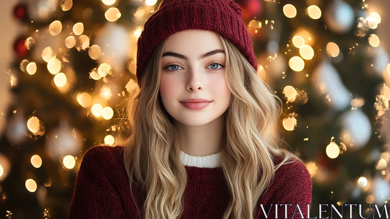 Photorealistic portrait in festive bokeh lighting environment.