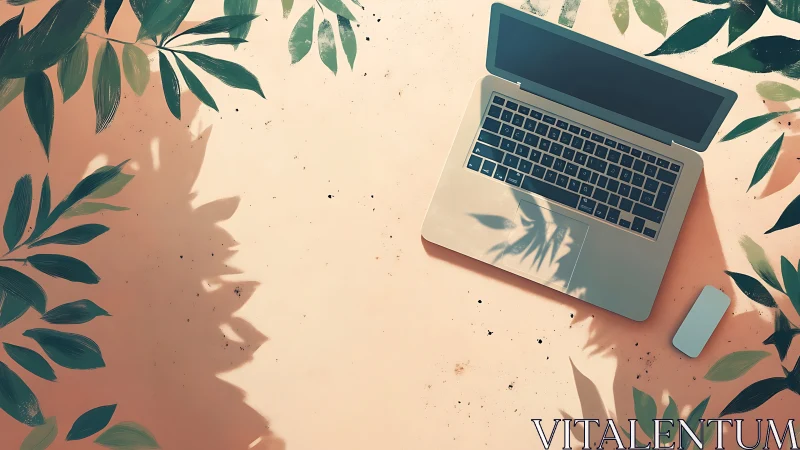 Laptop dreams in sunlit jungle shadows of leafy workspace.