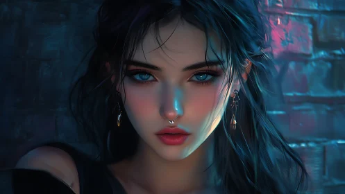 Neon-lit blue-eyed woman stares through cinematic shadows.