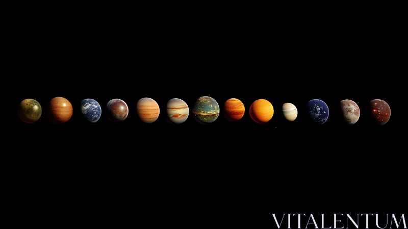 Row of digitally rendered planets aligned on black background