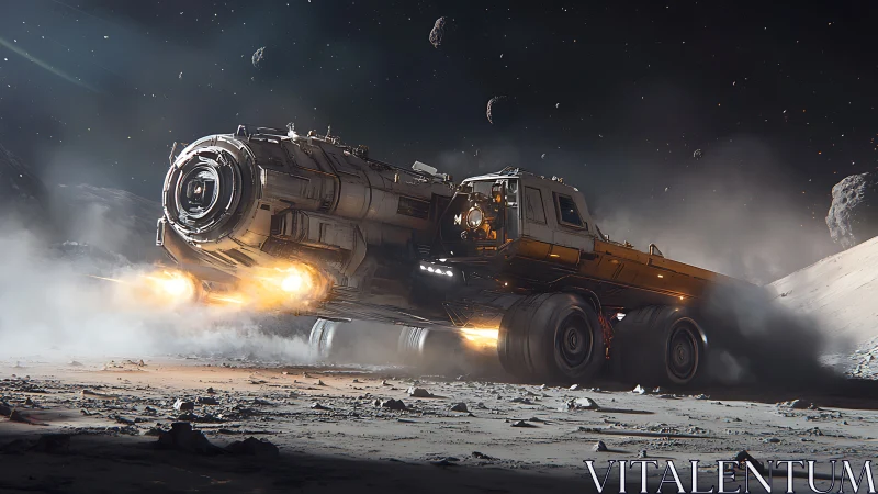 Lunar heavy hauler rover ignites thrusters on crater rim.