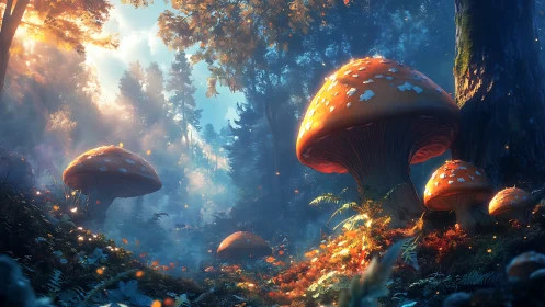 Giant glowing mushrooms transform a misty enchanted forest.