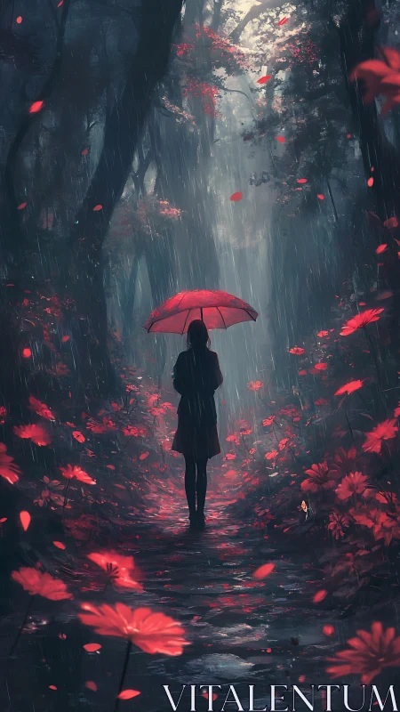 Solitary figure walks a rainy forest path under crimson blooms