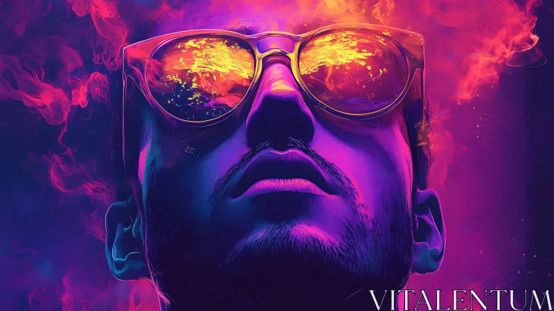 Digital portrait shows male face with reflective sunglasses