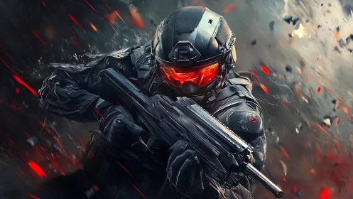 Futuristic armored soldier charging through blazing battle.