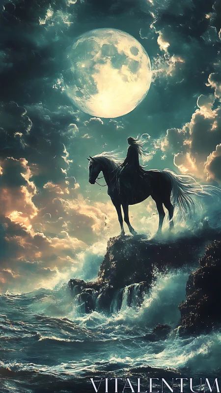 Moonlit rider overlooks storm-tossed ocean from cliff