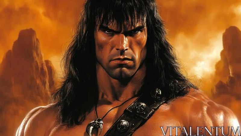Barbarian warrior portrait against molten atmospheric backdrop
