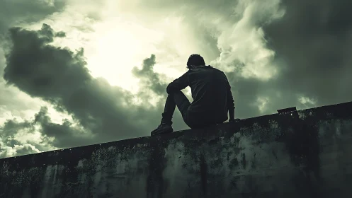 Silhouette figure sits on rooftop edge under dense storm clouds