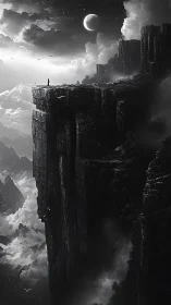 Lone figure faces moonlit abyss atop towering cliff edge.