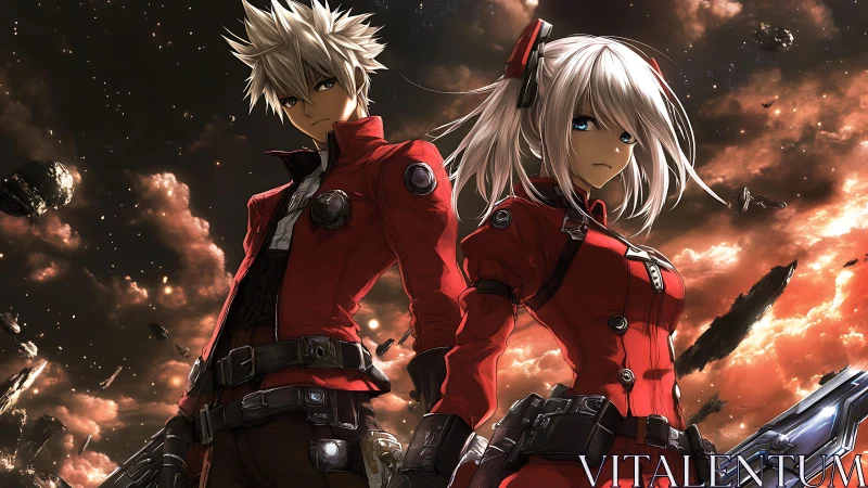 Dual space operatives in crimson suits amid debris field.