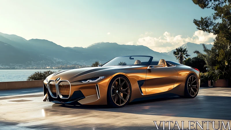 Photorealistic bronze roadster with coastal luxury setting.