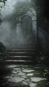 Ancient stone archway rises from misty, overgrown ruins