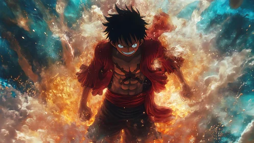 Anime figure in red shirt amid flames and turbulent water.